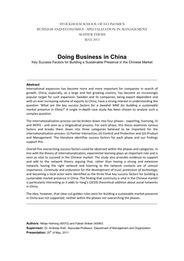 Doing Business in China Key Success Factors for Building a Sustainable Presence in the Chinese Market