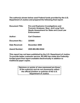 Fire and Explosion Investigations and Forensic Analyses: Near- and Long-Term Needs Assessment for State and Local Law Enforcement