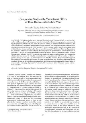 Comparative Study on the Vasorelaxant Effects of Three Harmala Alkaloids in Vitro