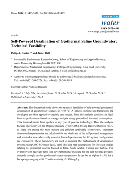 Self-Powered Desalination of Geothermal Saline Groundwater: Technical Feasibility