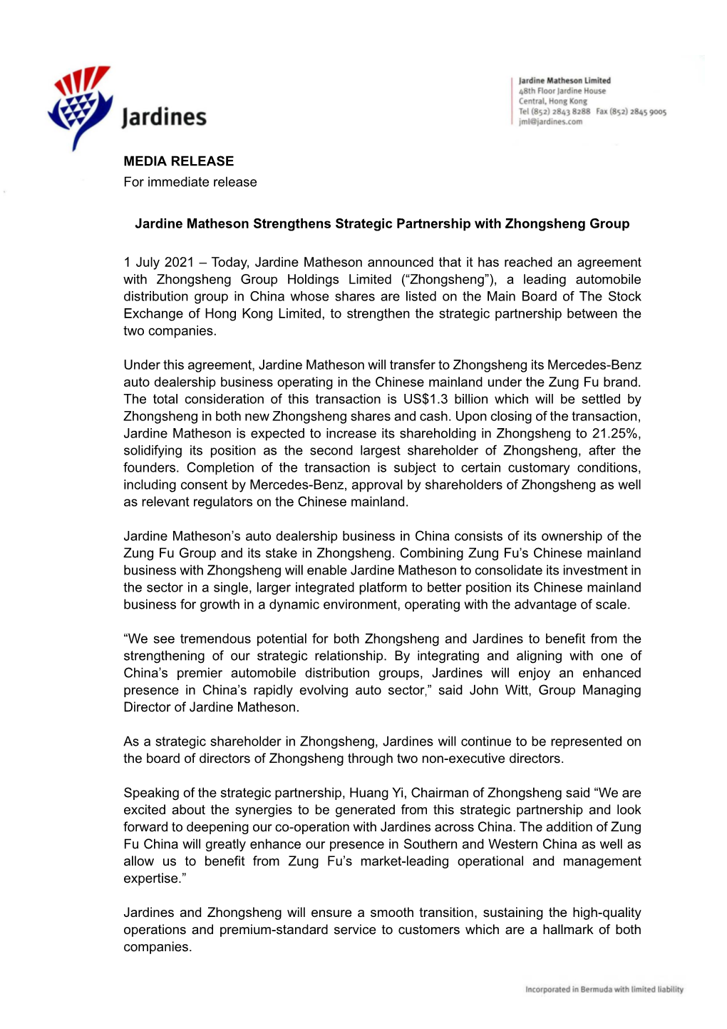 Jardine Matheson Strengthens Strategic Partnership with Zhongsheng Group