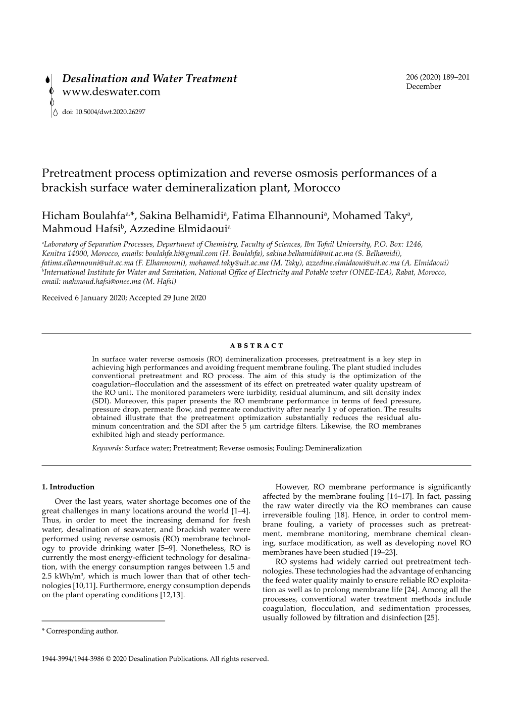 Pretreatment Process Optimization and Reverse Osmosis Performances of a Brackish Surface Water Demineralization Plant, Morocco