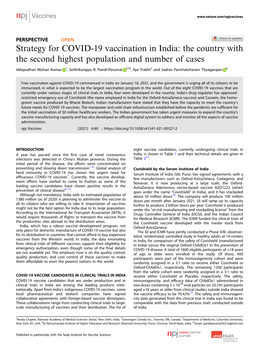 Strategy for COVID-19 Vaccination in India: the Country with the Second Highest Population and Number of Cases ✉ Velayudhan Mohan Kumar 1, Seithikurippu R