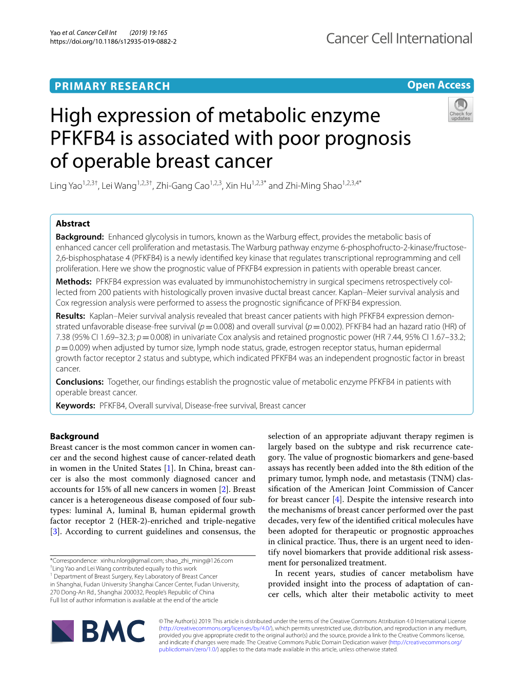 High Expression of Metabolic Enzyme PFKFB4 Is Associated with Poor