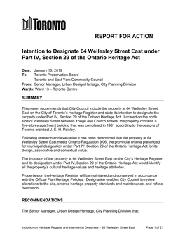 Intention to Designate 64 Wellesley Street East Under Part IV, Section 29 of the Ontario Heritage Act