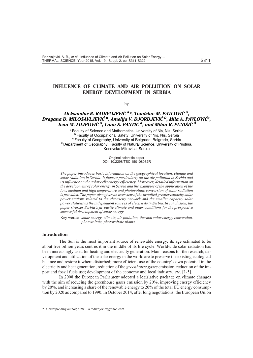 Influence of Climate and Air Pollution on Solar Energy Development in Serbia