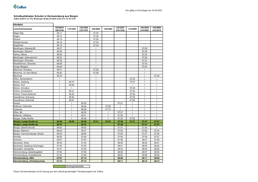 Schulbusfahrplan Schulen in Hermannsburg Aus Bergen Hinfahrt