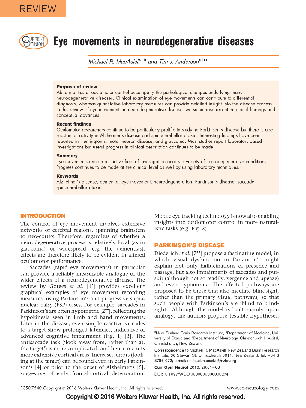 Eye Movements in Neurodegenerative Diseases