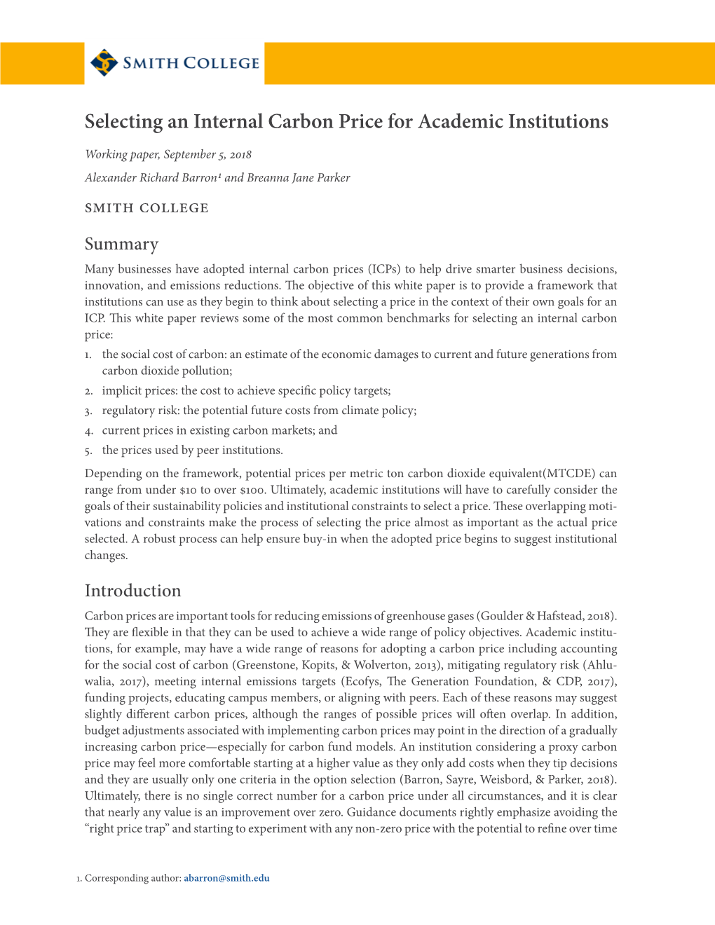 Selecting an Internal Carbon Price for Academic Institutions