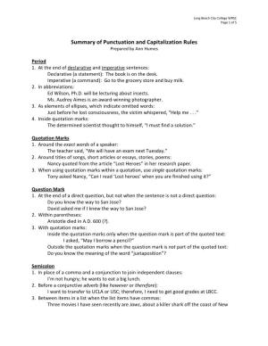 Summary of Punctuation and Capitalization Rules Prepared by Ann Humes
