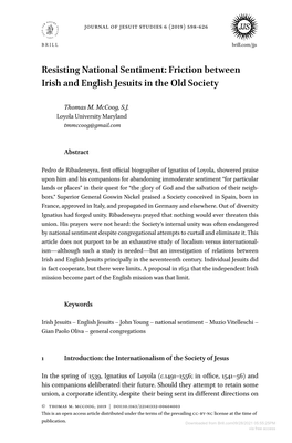 Resisting National Sentiment: Friction Between Irish and English Jesuits in the Old Society