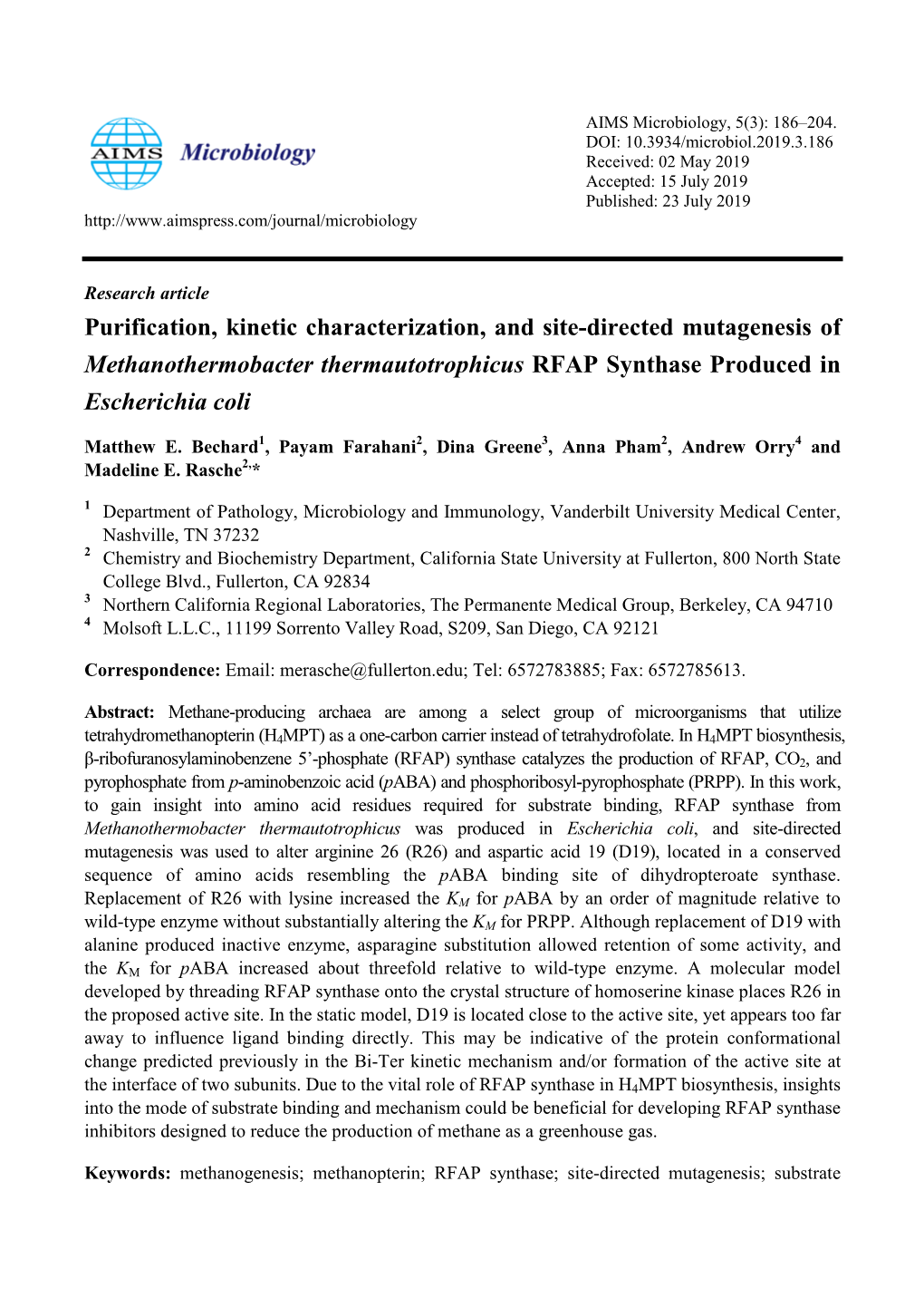 Purification, Kinetic Characterization, and Site-Directed Mutagenesis of Methanothermobacter Thermautotrophicus RFAP Synthase Produced in Escherichia Coli