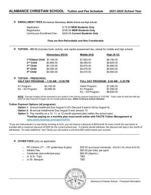 ALAMANCE CHRISTIAN SCHOOL Tuition and Fee Schedule 2021-2022 School Year