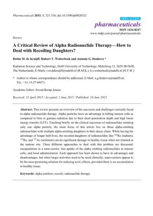 A Critical Review of Alpha Radionuclide Therapy—How to Deal with Recoiling Daughters?