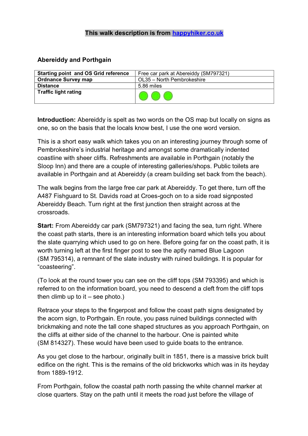 This Walk Description Is from Happyhiker.Co.Uk Abereiddy And