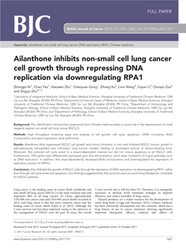 Ailanthone Inhibits Non-Small Cell Lung Cancer Cell Growth Through Repressing DNA Replication Via Downregulating RPA1