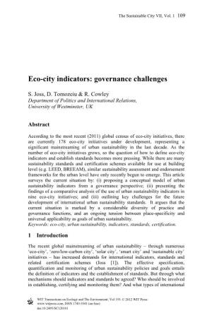 Eco-City Indicators: Governance Challenges