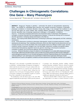 Challenges in Clinicogenetic Correlations: One Gene – Many Phenotypes Francesca Magrinelli, MD,1,2,* Bettina Balint, MD,1,3 and Kailash P