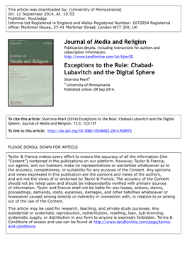 Chabad- Lubavitch and the Digital Sphere Sharrona Pearla a University of Pennsylvania Published Online: 09 Sep 2014