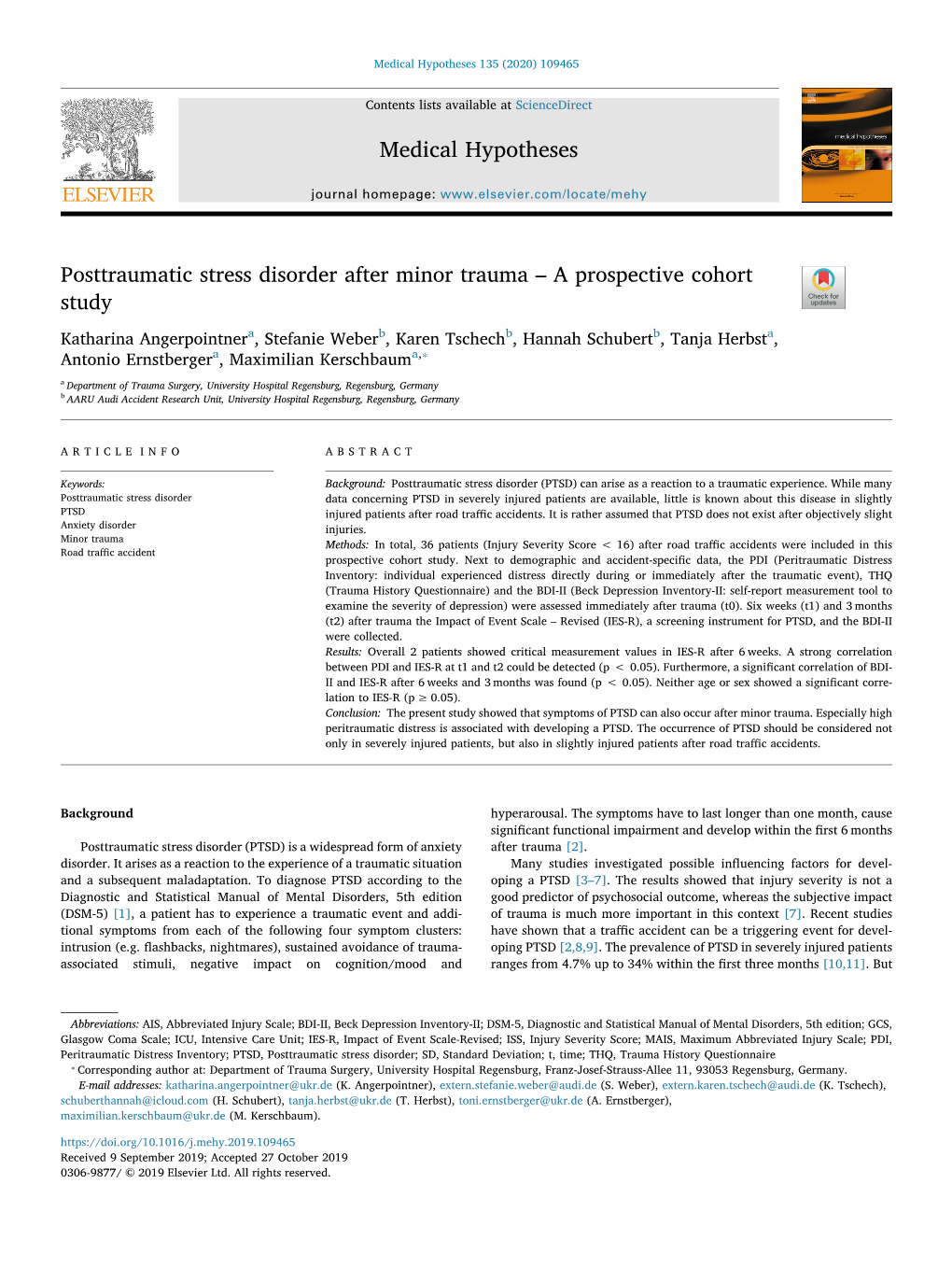 Posttraumatic Stress Disorder After Minor Trauma – a Prospective Cohort Study T