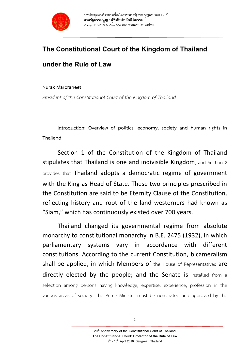The Constitutional Court of the Kingdom of Thailand Under the Rule of Law