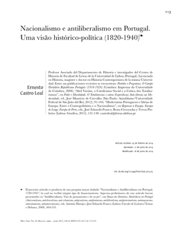 Nacionalismo E Antiliberalismo Em Portugal. Uma Visão Histórico-Política (1820-1940)Ï