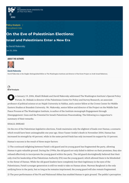 On the Eve of Palestinian Elections: Israel and Palestinians Enter a New Era by David Makovsky