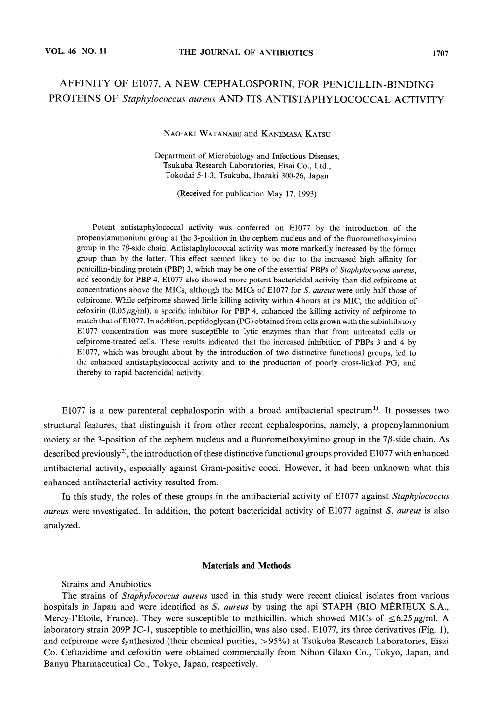 And Cefpirome Were Synthesized (Their Chemical Purities, > 95%) at Tsukuba Research Laboratories, Eisai Co