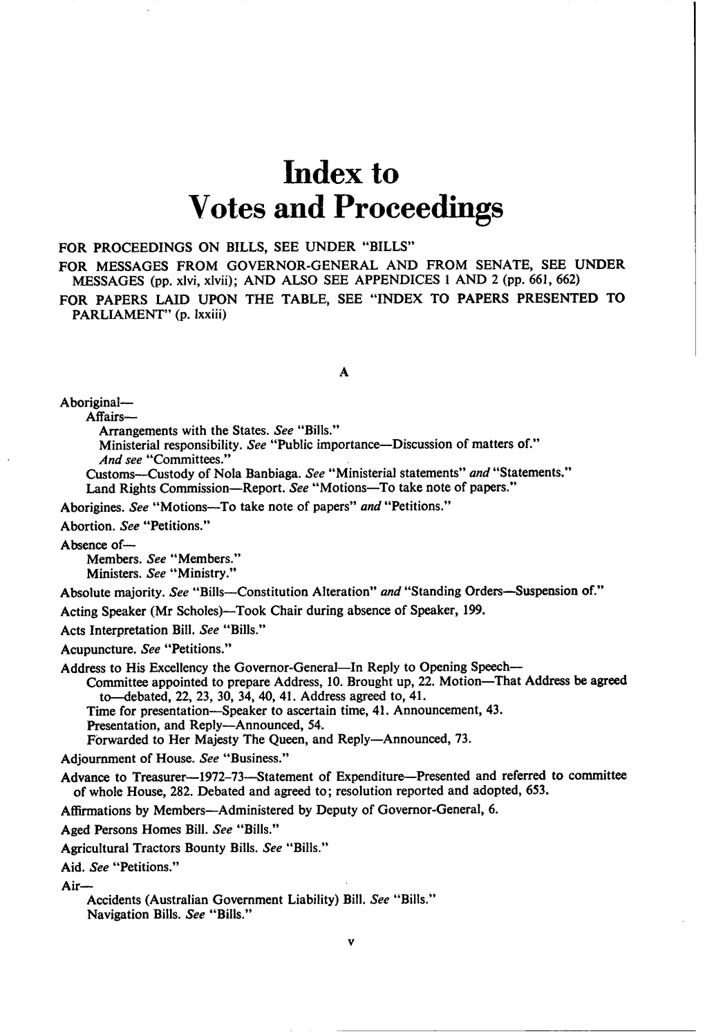 Index to Votes and Proceedings