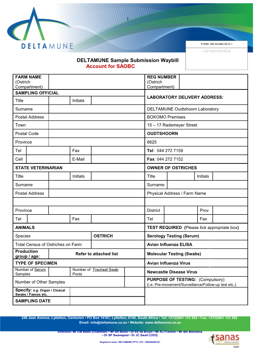 DELTAMUNE Sample Submission Waybill