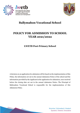 Ballymahon Vocational School POLICY for ADMISSION TO