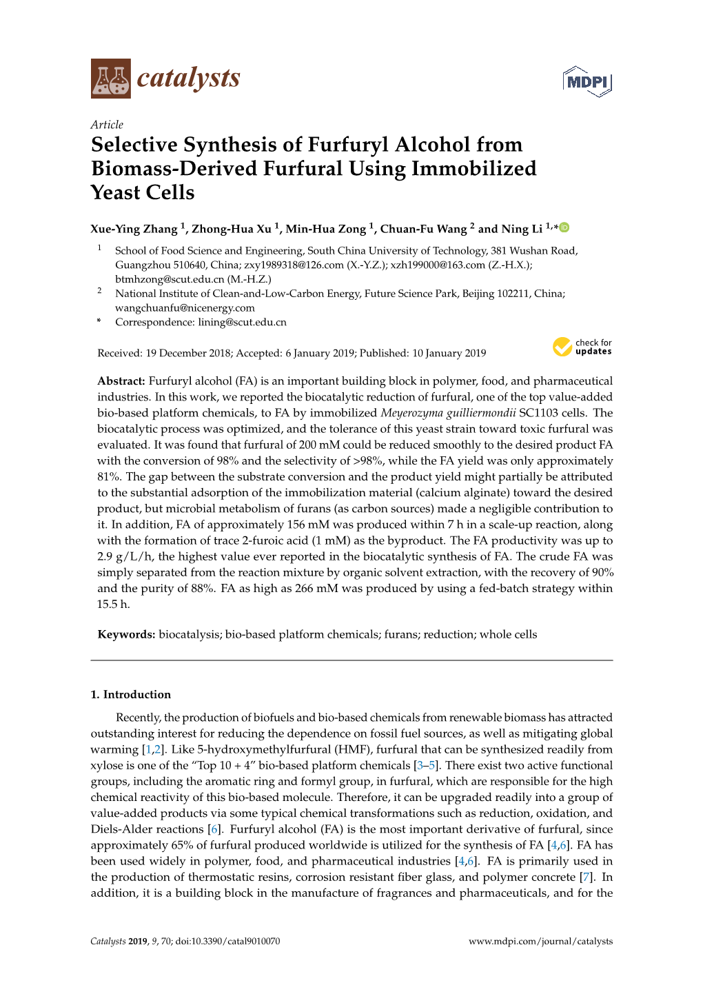 Selective Synthesis of Furfuryl Alcohol from Biomass-Derived Furfural Using Immobilized Yeast Cells