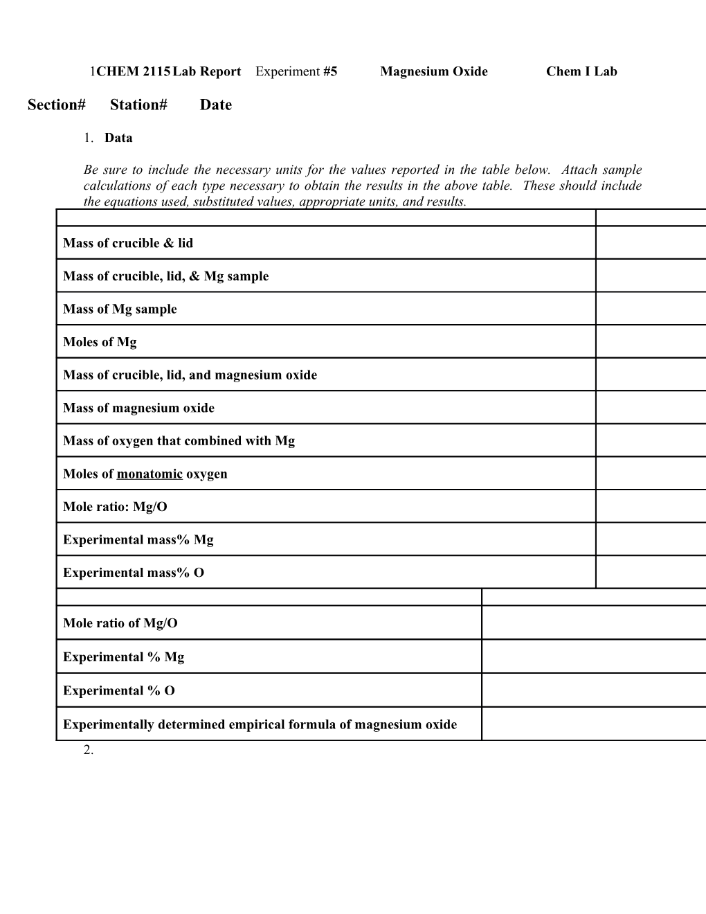 CHEM 2115 Lab Report Experiment #5 Magnesium Oxide Chem I Lab