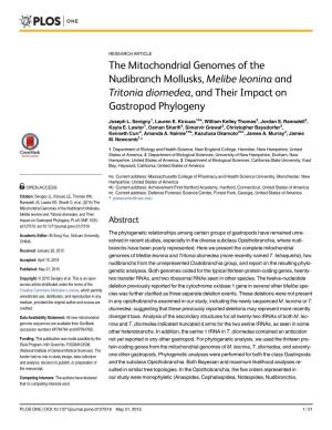 The Mitochondrial Genomes of the Nudibranch Mollusks, Melibe Leonina and Tritonia Diomedea, and Their Impact on Gastropod Phylogeny