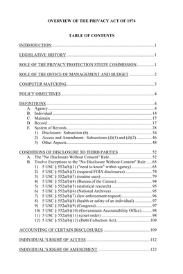 Overview of the Privacy Act of 1974 Table of Contents
