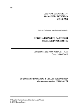Case No COMP/M.6175 - DANAHER/ BECKMAN COULTER