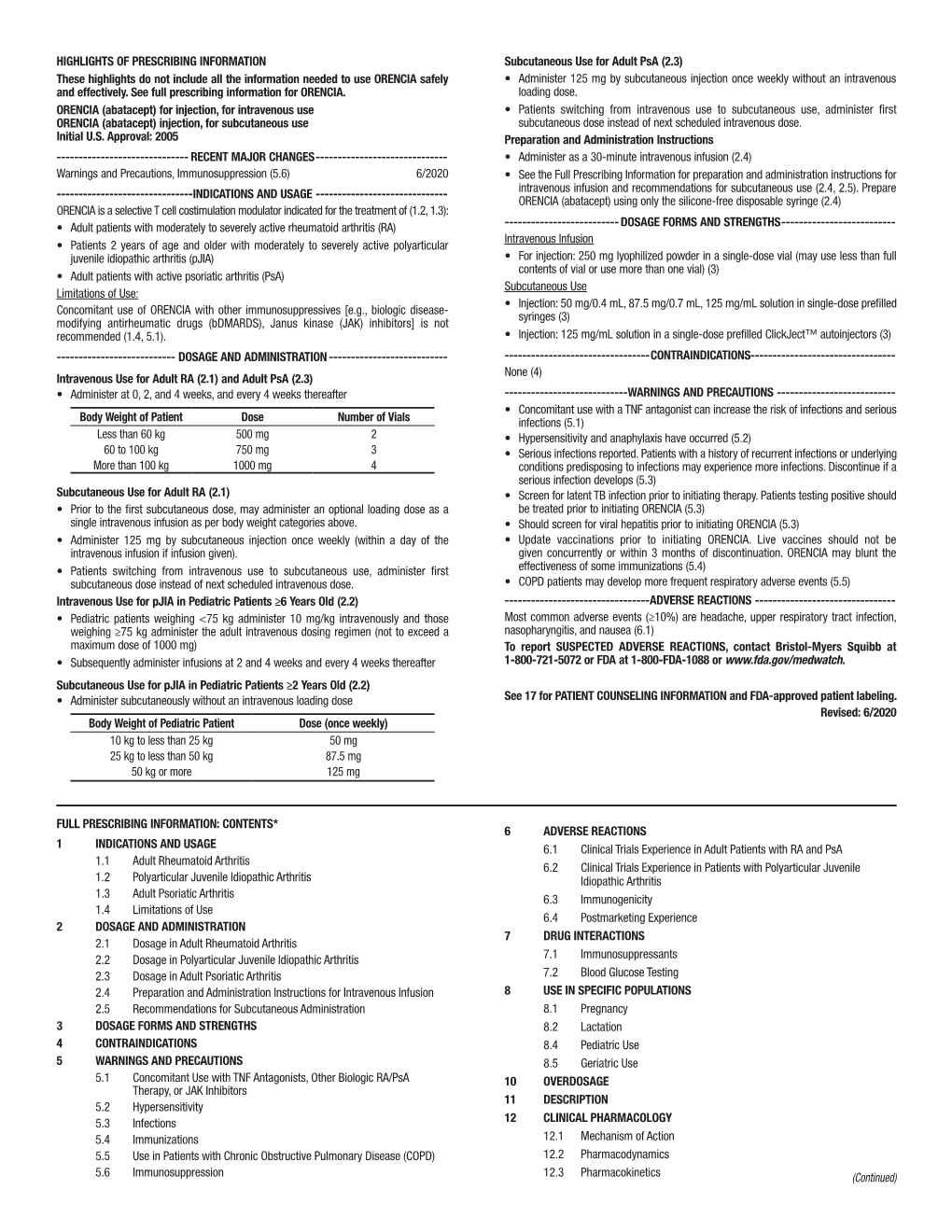 Orencia Safely • Administer 125 Mg By Subcutaneous Injection Once 