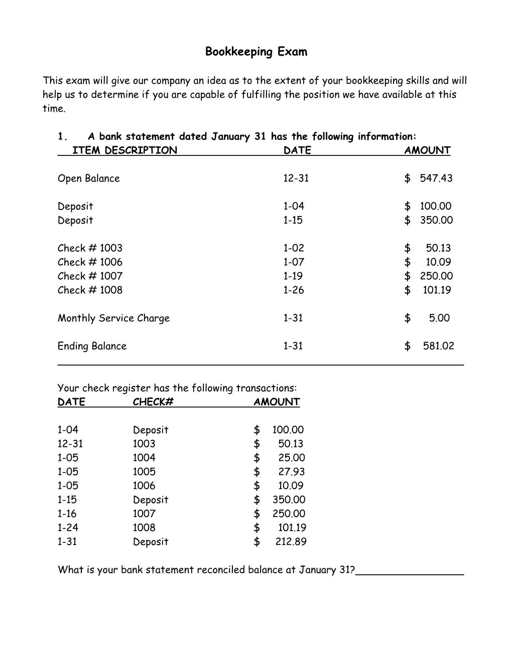 Bookkeeping Exam