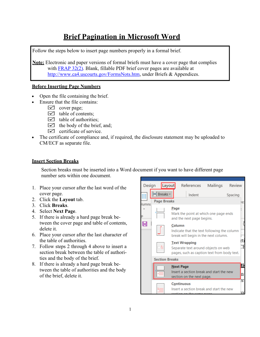 Brief Pagination in Microsoft Word