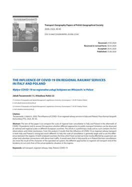 The Influence of Covid-19 on Regional Railway Services in Italy and Poland