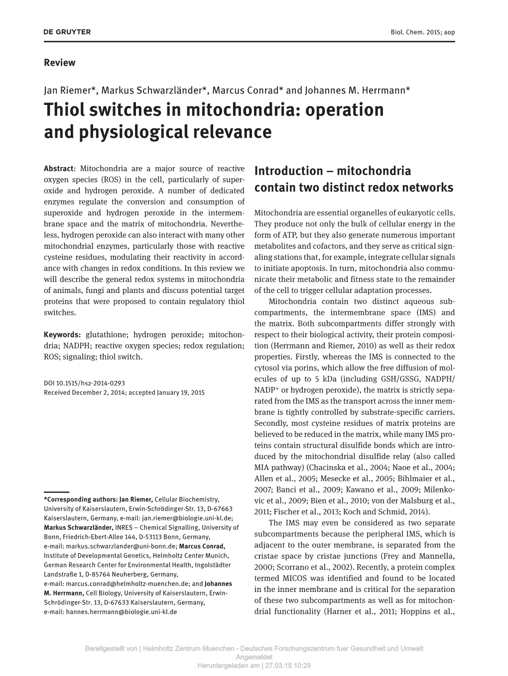 Thiol Switches in Mitochondria: Operation and Physiological Relevance