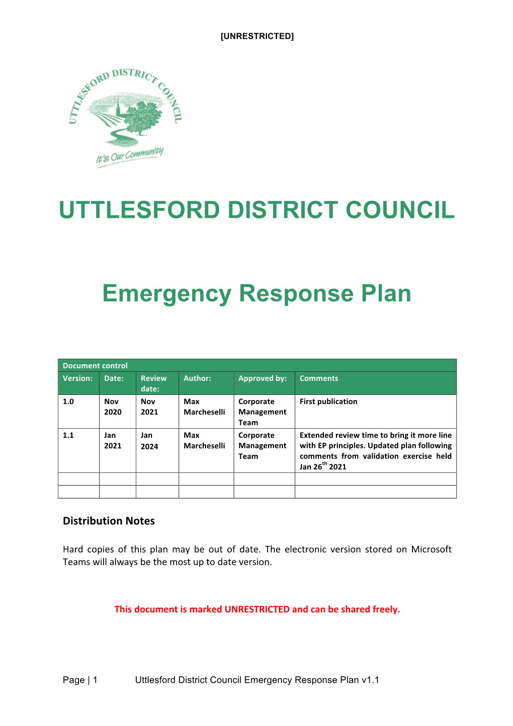 Uttlesford District Council Emergency Response Plan V1.1