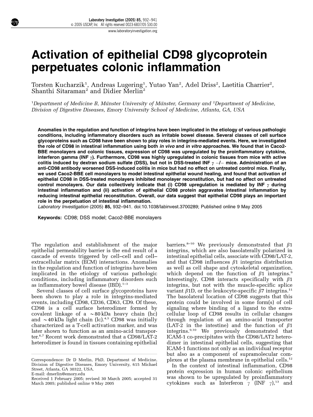 Activation of Epithelial CD98 Glycoprotein Perpetuates Colonic Inflammation