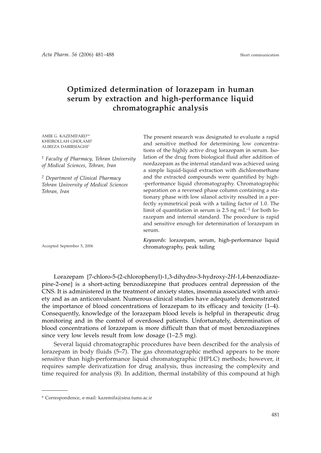 Optimized Determination of Lorazepam in Human Serum by Extraction and High-Performance Liquid Chromatographic Analysis