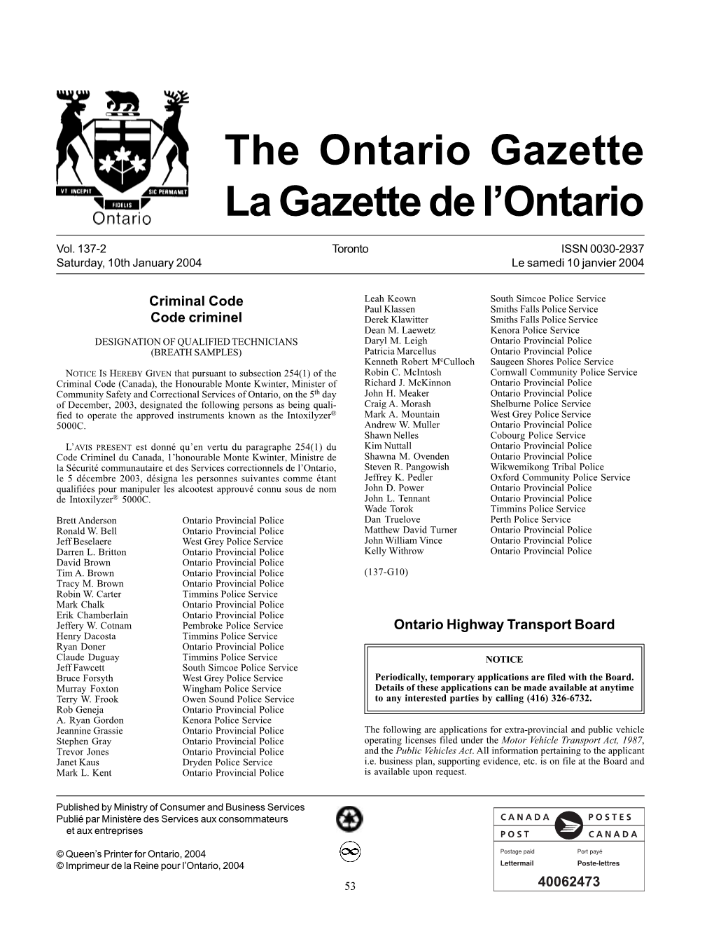 The Ontario Gazette La Gazette De L'ontario
