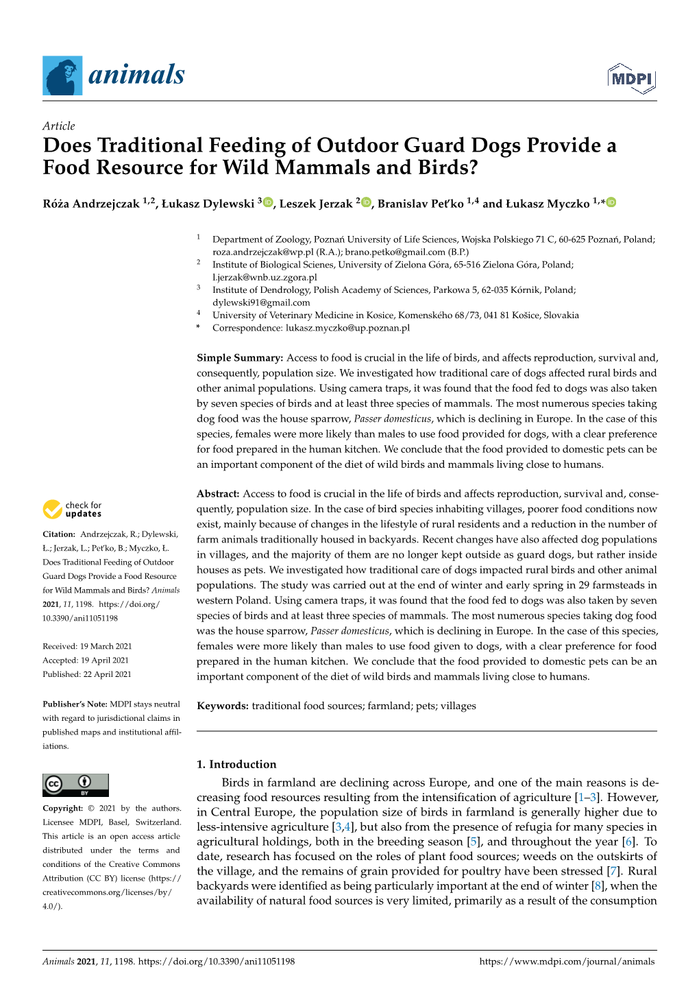 Does Traditional Feeding of Outdoor Guard Dogs Provide a Food Resource for Wild Mammals and Birds?