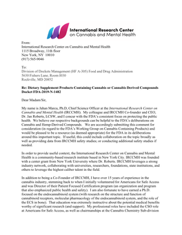 From: International Research Center on Cannabis and Mental Health 1115 Broadway, 11Th Floor New York, NY 10010 (917) 565-9046