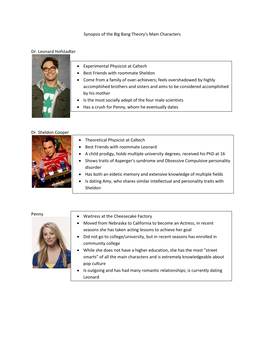 Synopsis of the Big Bang Theory's Main Characters Dr. Leonard