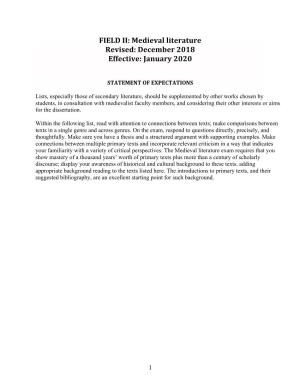 FIELD II: Medieval Literature Revised: December 2018 Effective: January 2020