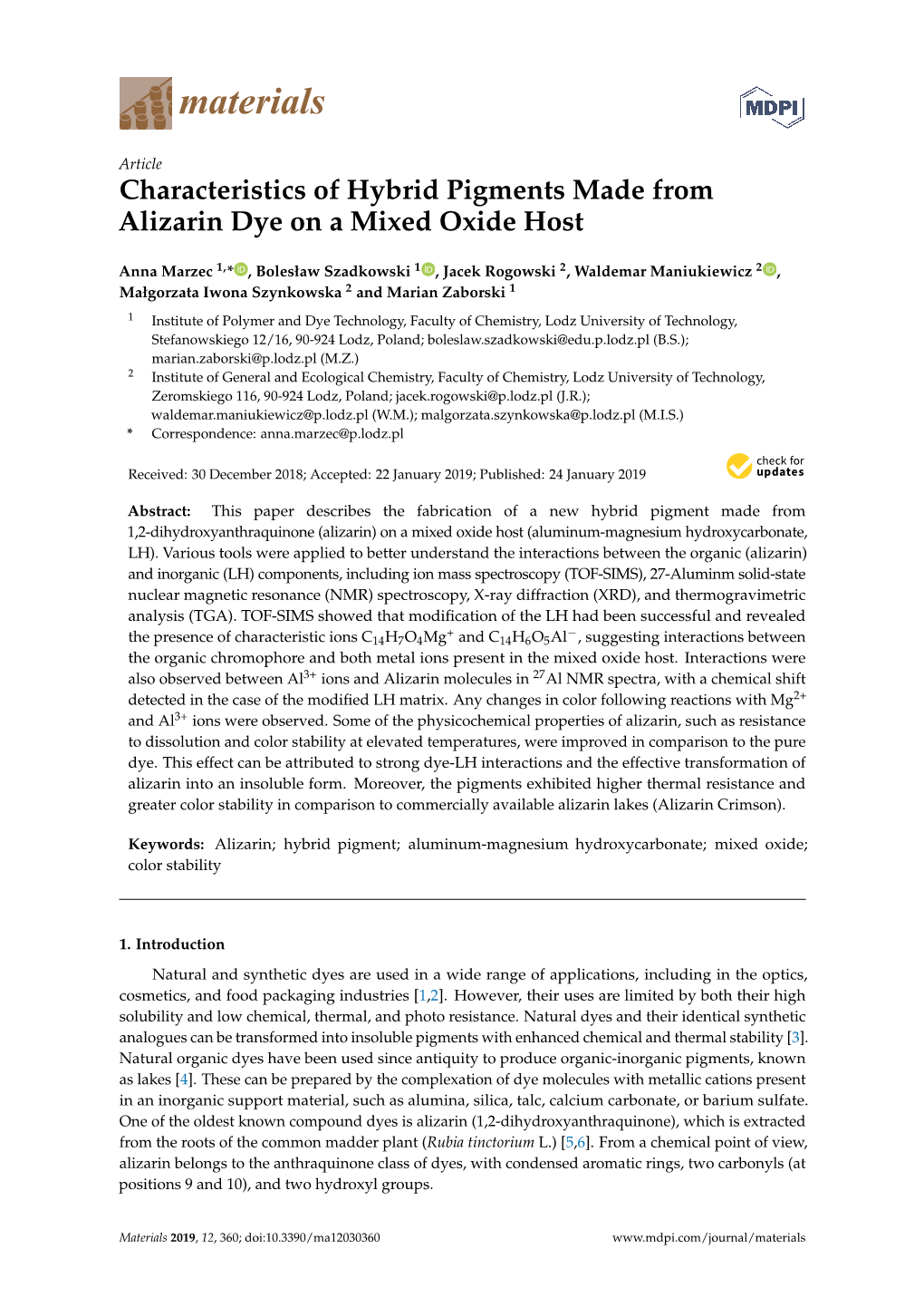 Characteristics of Hybrid Pigments Made from Alizarin Dye on a Mixed Oxide Host